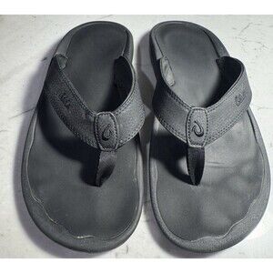 Olukai Ohana Flip Flops Mens 12 Black Gray Leather Beach Comfort Sandals Slip On